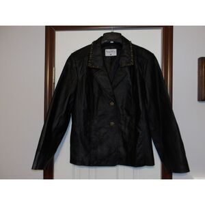 Pamela McCoy Black Leather Blazer with Beaded‎ Collar Detail Vintage Style